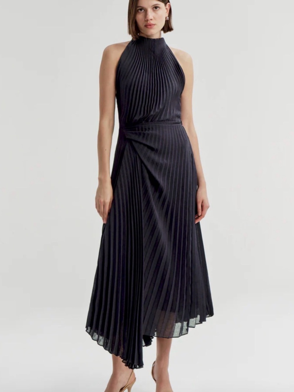 ALC Simona Navy Pleated Halter Midi Evening Dress